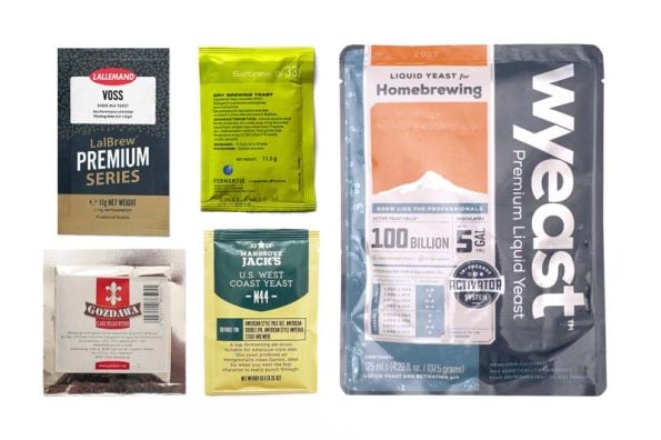 Verschiedene Hefebeutel - Fermentis, Lallemand, Wyeast, Mangrove Jack's - Flüssighefe und Trockenhefe zum Bierbrauen